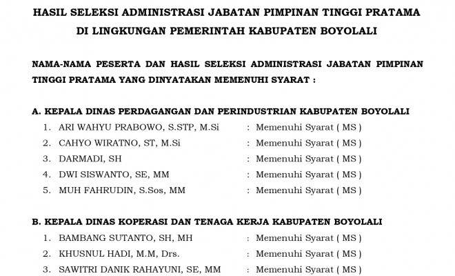 Pengumuman seleksi administrasi JPT Pratama Kab. Boyolali Tahun 2023